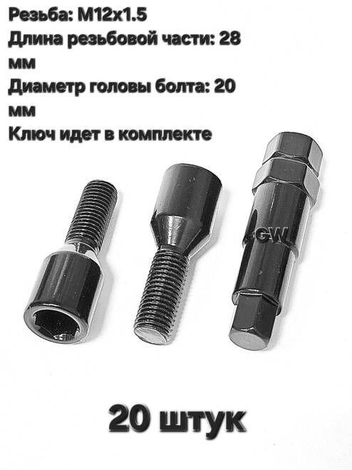 Болты для дисков с узкими колодцами М12х1.5 L28 мм черные (20 шт. + ключ 6-и гранник)