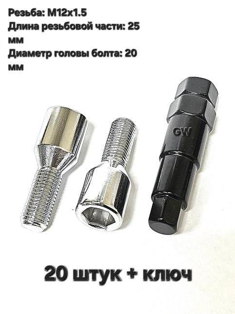 Болты для дисков с узкими колодцами М12х1.5 L25 мм (20 шт. + ключ 6-и гранник)
